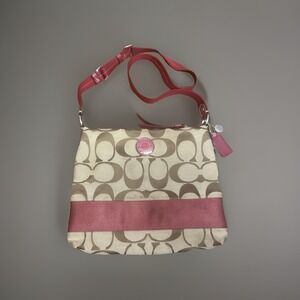 COACH Crossbody Signature Shoulder Bag‎ Khaki Red Canvas Jacquard Classic F19220